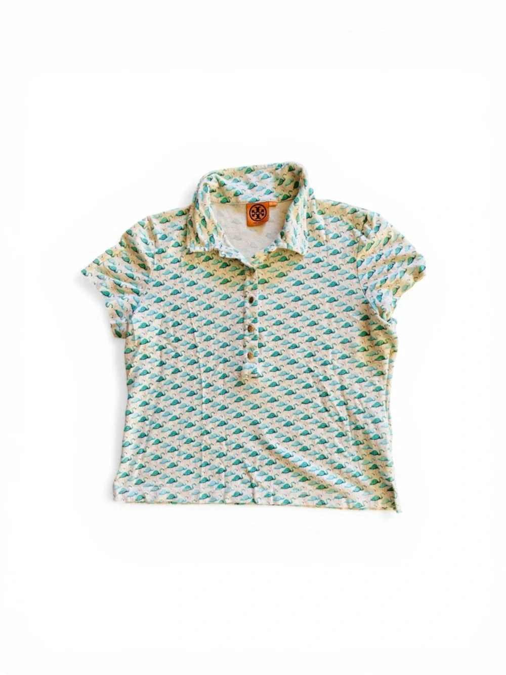 Sz L Tory Burch Cropped Cream Golf Polo with Teal Flamingo Print - Picture 1 of 9